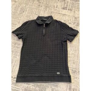 AVVA Mens Black Geometric Textured‎ Short Sleeve 1/2 Zip Polo Shirt Size S